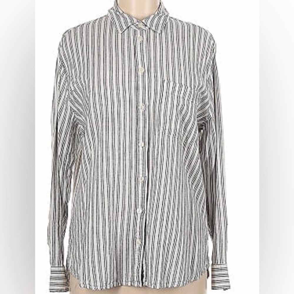 Old Navy Black and White Vertical Stripe Boyfriend Flannel